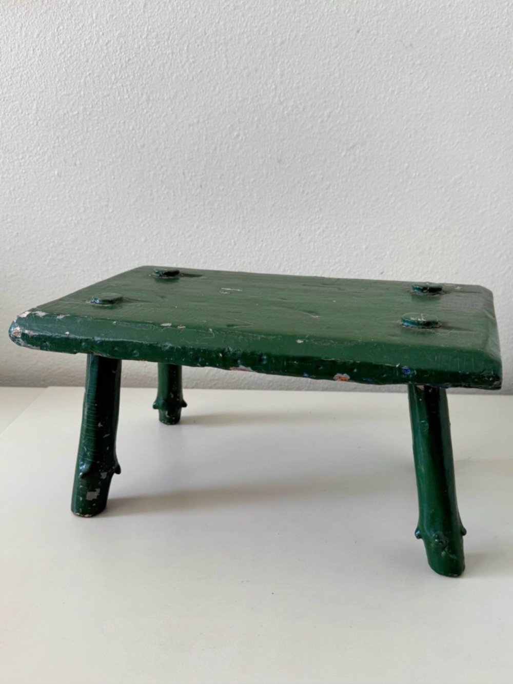 Antique Mini Rustic Dark Green Wooden Stool